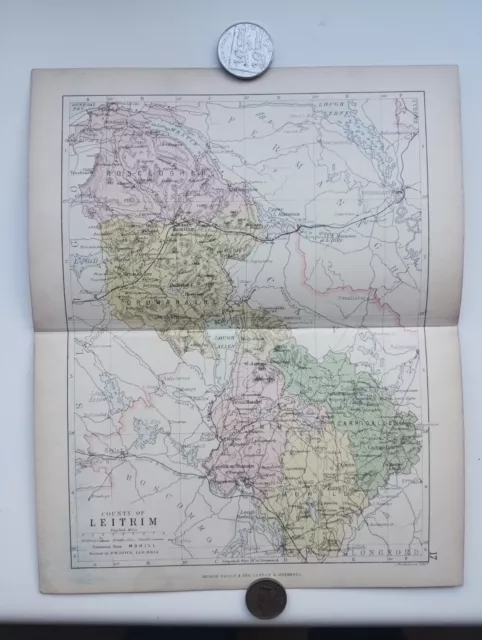 Antique County Map of LEITRIM , Ireland - Phillips Handy Atlas , 1882