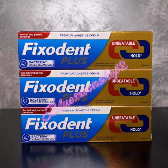 3 x Fixodent Plus Dual Power Best Hold 40g Denture Premium Adhesive Cream Strong