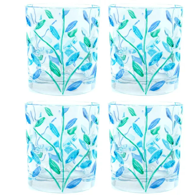 Set Four 4 Murano Glass Tumbler Blue Green Hand Painted Flower 11.5ozAC