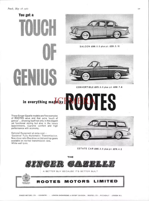 Singer GAZELLE Range of Motor Cars ADVERT Original Vintage 1960 Print Ad 692/44