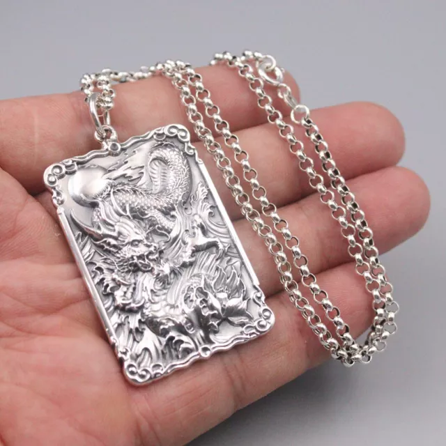 Real 925 Silver Pendant Dragon Pattern Plate Lucky Pendant 56*30mm 3.5mm 26inchL