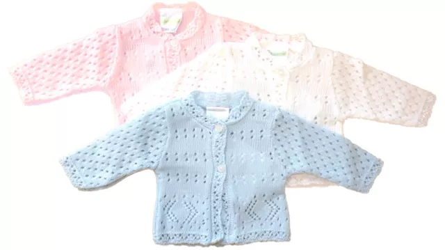 New Baby Knitted Cardigan Girls Boys Pink Blue White 0-3 3-6 6-9 Months