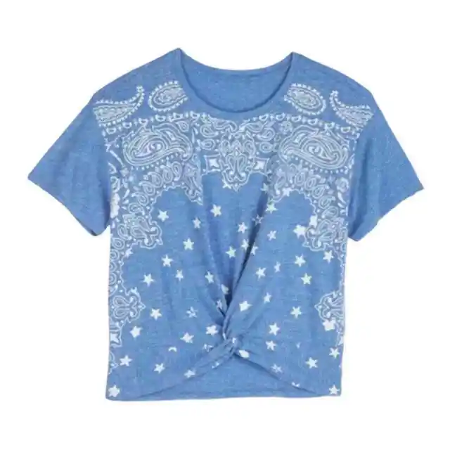 New Lucky Brand Small Blue Paisley Star Bandana Twist Knot Front Tee Top NWT