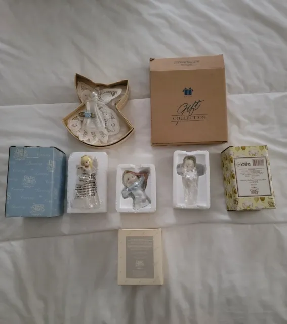 3 New Old Stock Precious Moments & 2 Avon Lace Angel Ornaments In The Box Gift