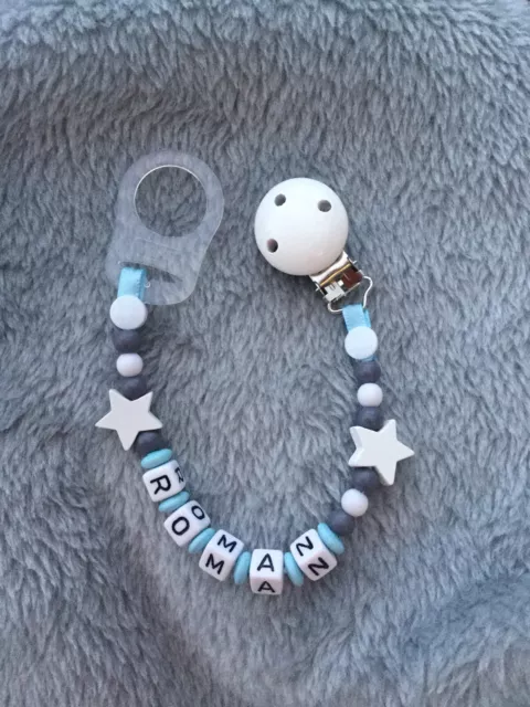 Personalised Baby Dummy Soother Wooden Clip Strap  Gift Shower Grey Free Adapter