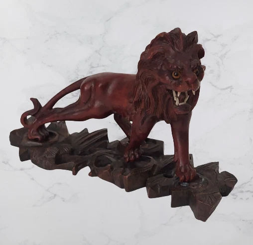 Hand Carved Vintage Indonesian Wooden LION SCULPTURE with Custom Stand