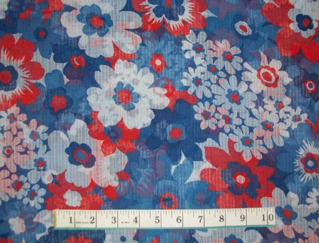 VTG Cotton Sheer Light  Blue White and Red Floral Print Fabric 3 Yards x 44