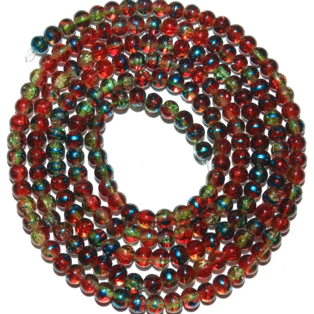G3940 Red & Yellow Metallic Drawbench Swirl 4mm Round Crackle Glass Beads 32"