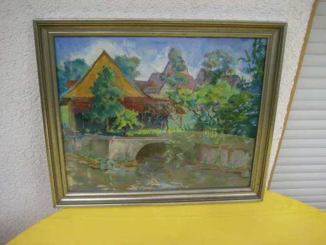 Altes Pastell Gemälde Dorf mit Steinbrücke signiert: L. Heis aus Sammlung