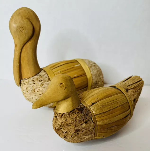 Vintage Duck & Pelican Cork Straw Corn Husk Reed Wood Folk Art Philippines