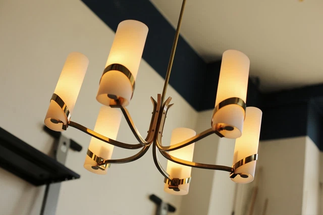 True Vintage Stilnovo Opal Brass 60er Ceiling Lamp 6-flammig Light Lamp
