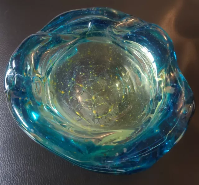 Vintage Mdina Malta Heavily Strapped Art Glass Bowl / Ashtray Sea Colours Signed