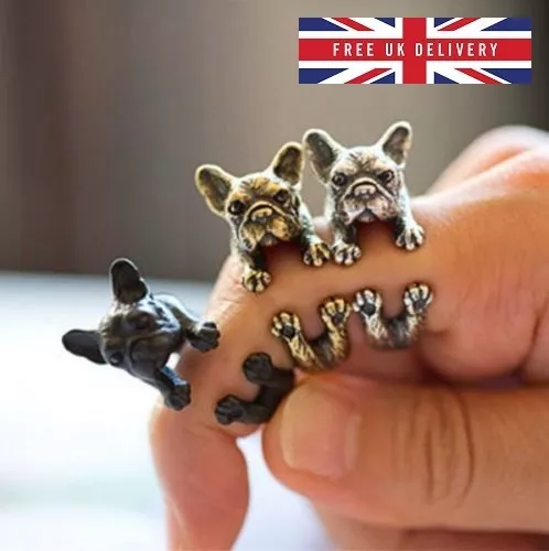 French Bull Dog Wrap Bulldog Ladies Pug Adjustable Ring Silver Black Gold