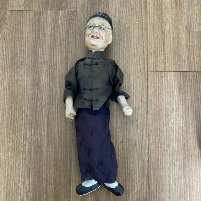 Antique Doll Bisque Head Asian Scholar Man Straw Body Marionette Chinese 13”