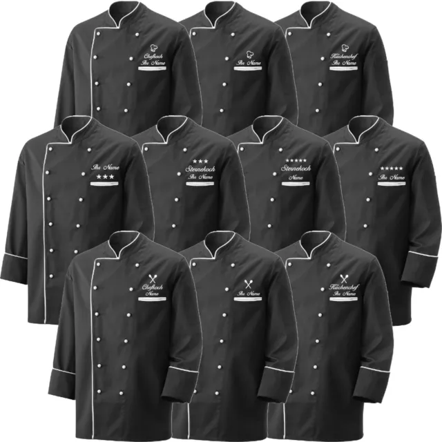 Kochjacke Bäckerjacke schwarz weißer Paspel bestickt mit Motiv nach Wahl + Namen