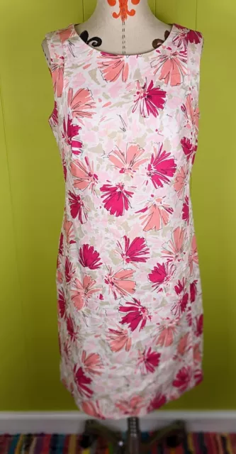 Kim Rogers Womens 8 100% Linen Sleeveless Dress Lined Pink White Floral EUC