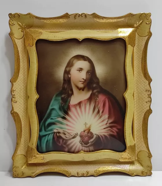 Quadro di Gesu Cristo antico Capoletto Sacro cuore di Gesù con cornice in legno