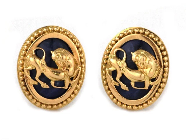 Ilias Lalaounis Lapis 18k Yellow Gold Lion Motif Oval Bead Clip On Earrings