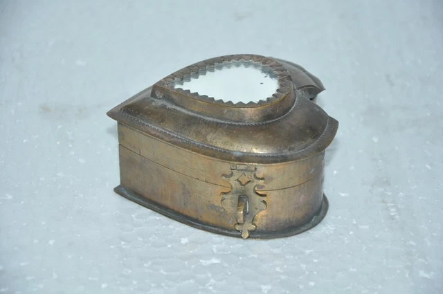 Old Brass Handcrafted Heart Shape 3 Compartment Mirror Fitted Betel Nut Box