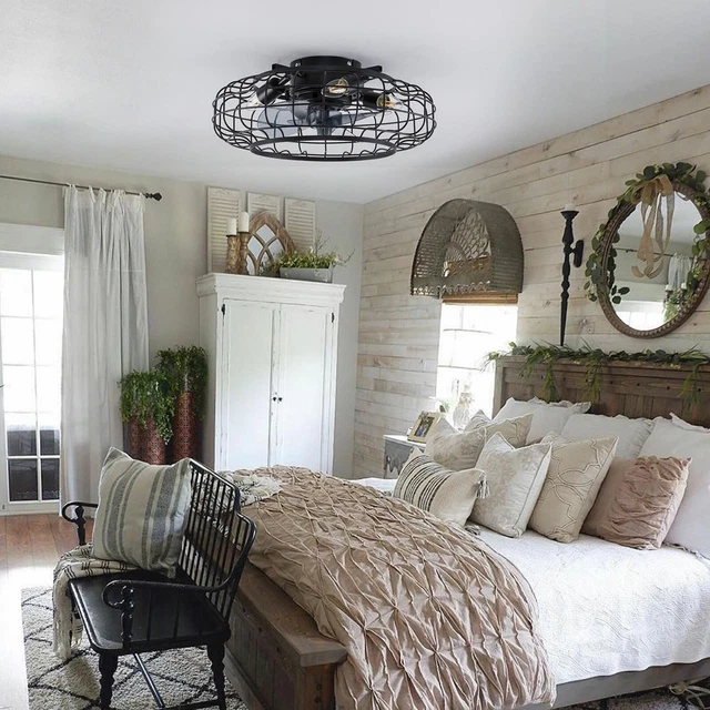 BLACK CAGED LOW Profile Ceiling Fan with Light Enclosed 3 Speeds