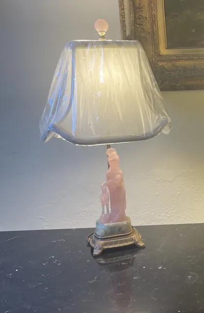 20th Century Rare Chinese Hand Carved Guanyin Rose Pink Quartz Green Base Lamp￼