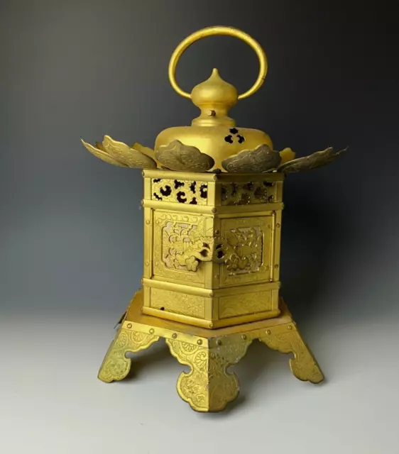 Antique Japanese Buddhist Temple Lantern in Goldish Brass - Hanging Style