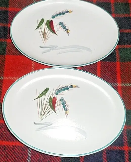 TWO Denby Greenwheat Hand Painted Signed Oval Steak Plates  Stoneware 24 cm x 2