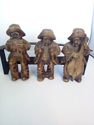 Set Of 3 Wood Carved Wisemen Playing Instruments Sitting On Bench Figurines