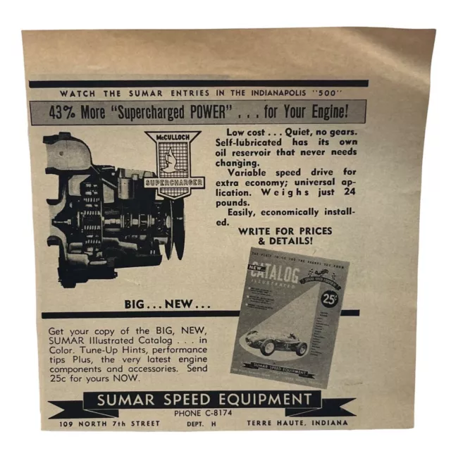 Sumar Speed Equipment Print Ad Vintage 1955 McCulloch Supercharger