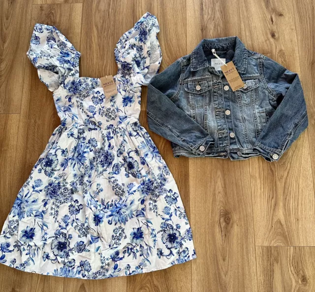 Abito e giacca da taschino in denim NEXT blu/bianco motivo floreale età 7 anni nuovo con etichette