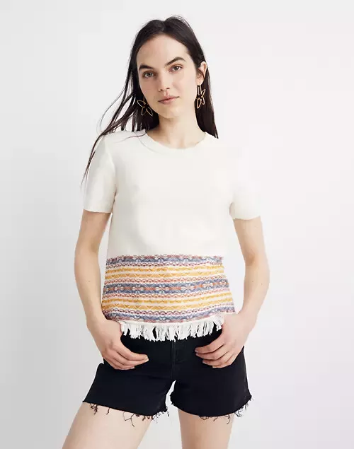 Madewell Fringed Jacquard Sweater Tee Short Sleeve Knit Top Ivory SZ XS New