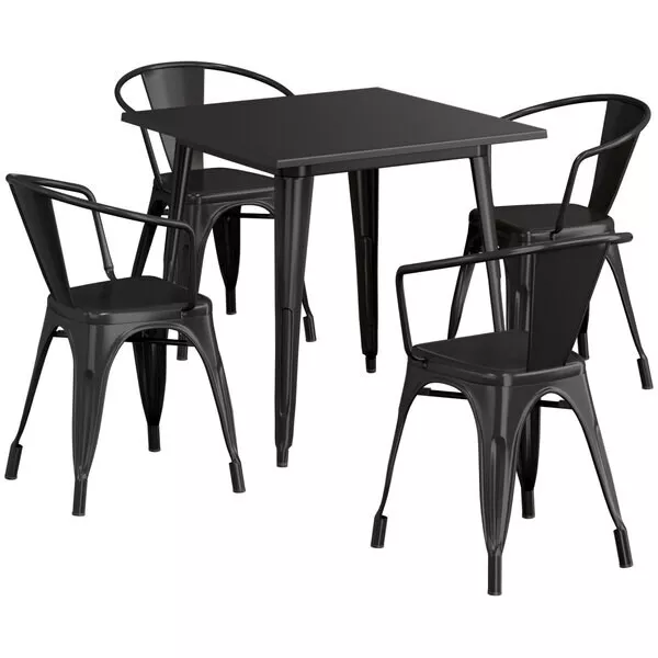 31.5'' Square Black Metal Restaurant Table Set with 4 Armchairs For Outdoor Use