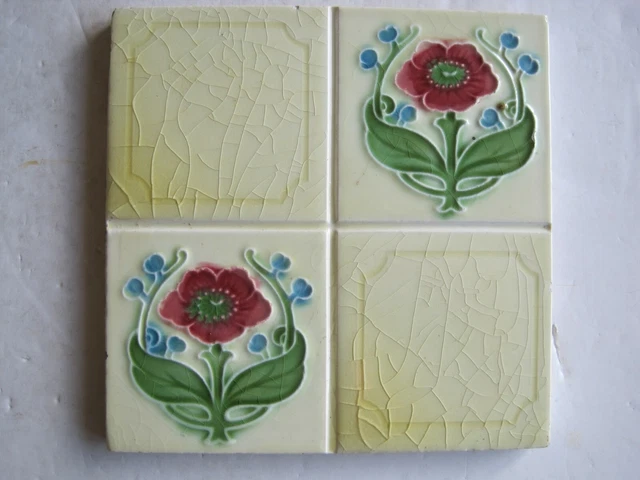 Antique Rhodes Tile Co. Moulded Art Nouveau Quartered Design Wall Tile C1902-06