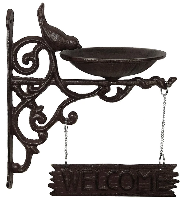 Vogeltränke Welcome-Schild Wandvogeltränke Futterschale Vogelbad Gusseisen Braun