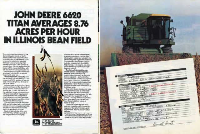 1983 2 Page Print Ad John Deere 6620 Titan Combine Tractor Illinois Bean Field