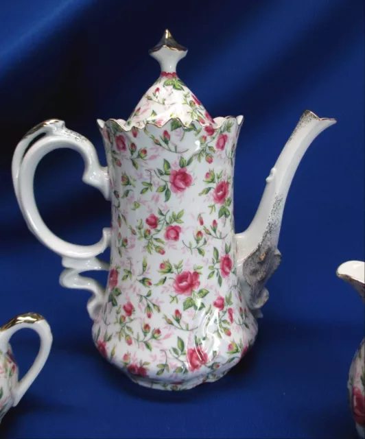 Lefton Pink Rose Chintz 3 Pc Teaset; Teapot, Sugar Bowl, Cream Pitcher 2