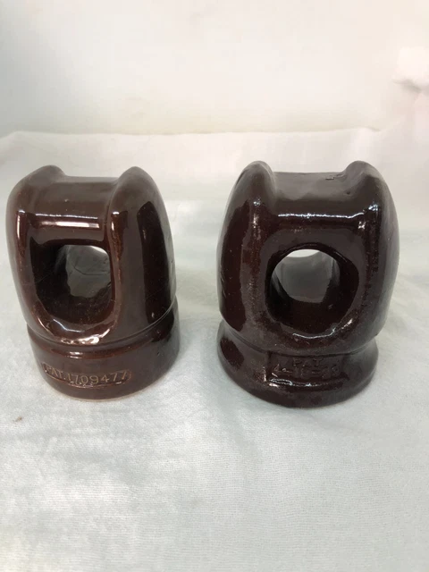2 Vintage 3.25" and 3" Brown Porcelain Ceramic Insulators Joslyn / P P 1981