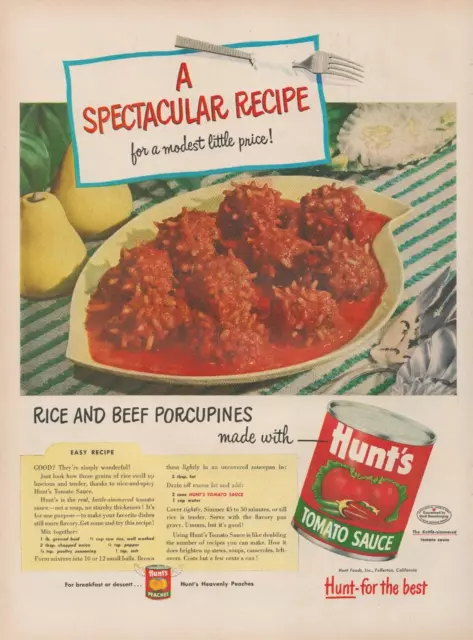 1953 Hunt's Tomato Sauce Spectacular Recipe Rice and Beef Porcupines Print Ad