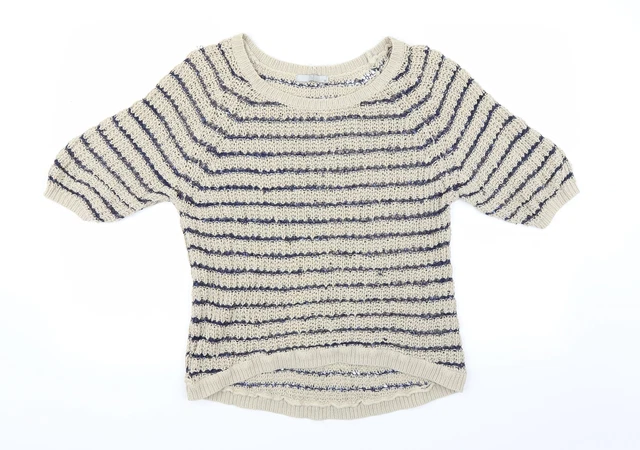 Sainsburys Womens Beige Scoop Neck Striped Cotton Pullover Jumper Size 12