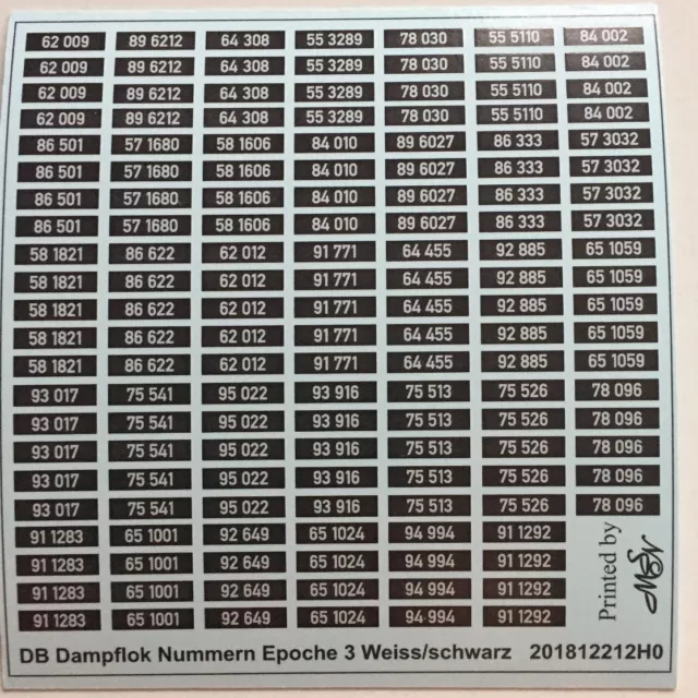 DB Dampflok Nummern Epoche 3 weiß/schwarz Decals 1:87 oder H0 (201812212H0)
