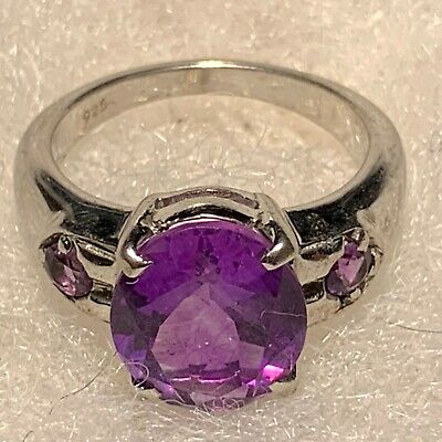 Vintage Sterling Silver 925 Large Amethyst Ring with Amethyst Accents Size 6.75.