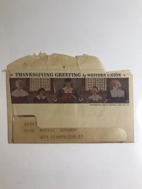 Vintage Thanksgiving Greeting Telegram w/ Envelope Western Union November 1936