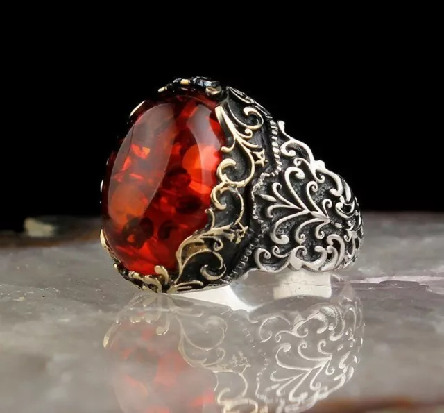 Turkish Handmade 925 Sterling Silver Jewelry Excellent Amber Men's Ring