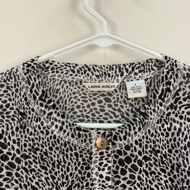 Laura Ashley Womens Small Mesh Sheer Top Black White Animal Print Button Y106 3