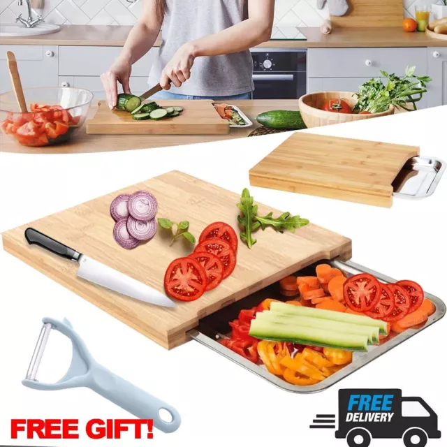 Wooden Bamboo Chopping Board Cutting Slicing With Sliding Stainless Steel Tray 2