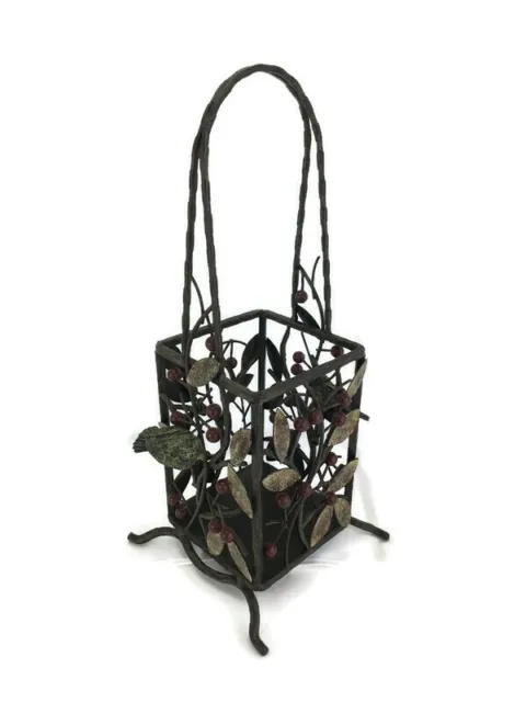 Wrought Iron Decorative Bird Basket Square Embellished Red Berries Tree Branches