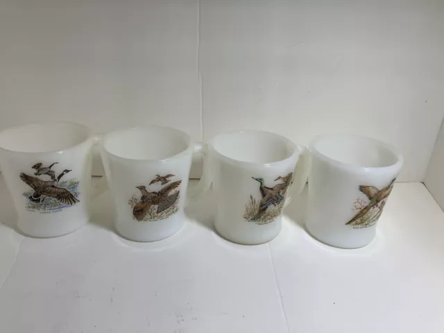 Vintage Fire King Glass Mugs Set of 4 Game Birds Pheasant Duck Goose Grouse