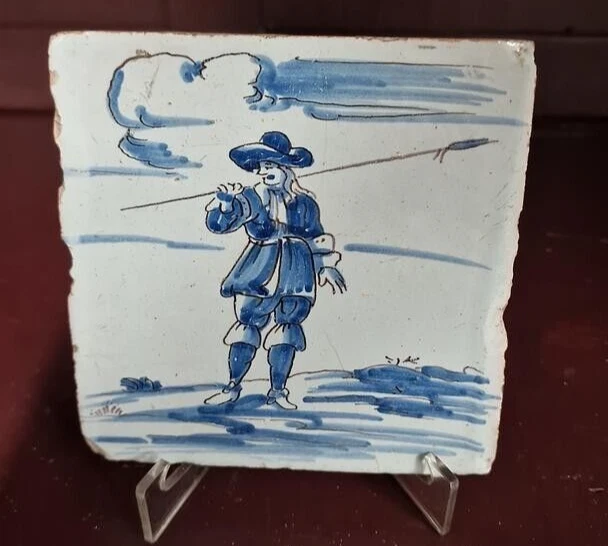 Rare Antique Dutch Delft Tile , 17 Th Century Painted Blue Cobalt, "Musketeer" ?