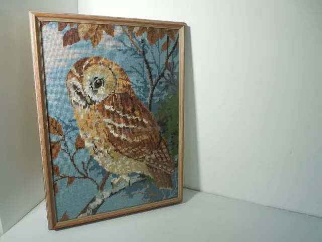 Framed Owl Tapestry Picture of Owl Sitting in Tree VGC 36cm x 49cm approx