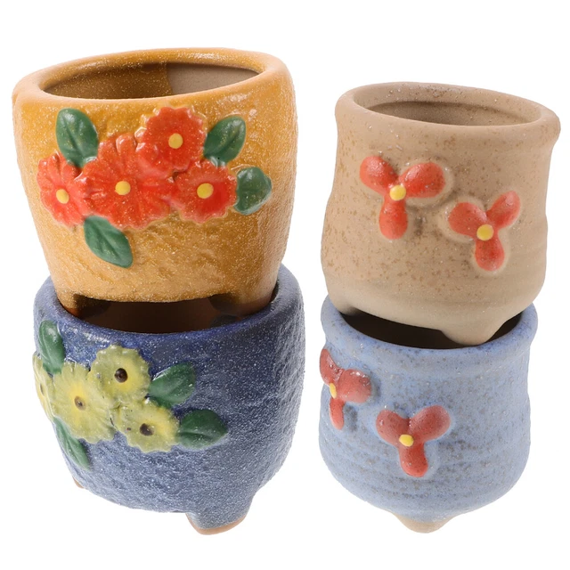 4 Pcs Hand Painted Planter Succulent Flower Pot Rustic Decor Ceramic